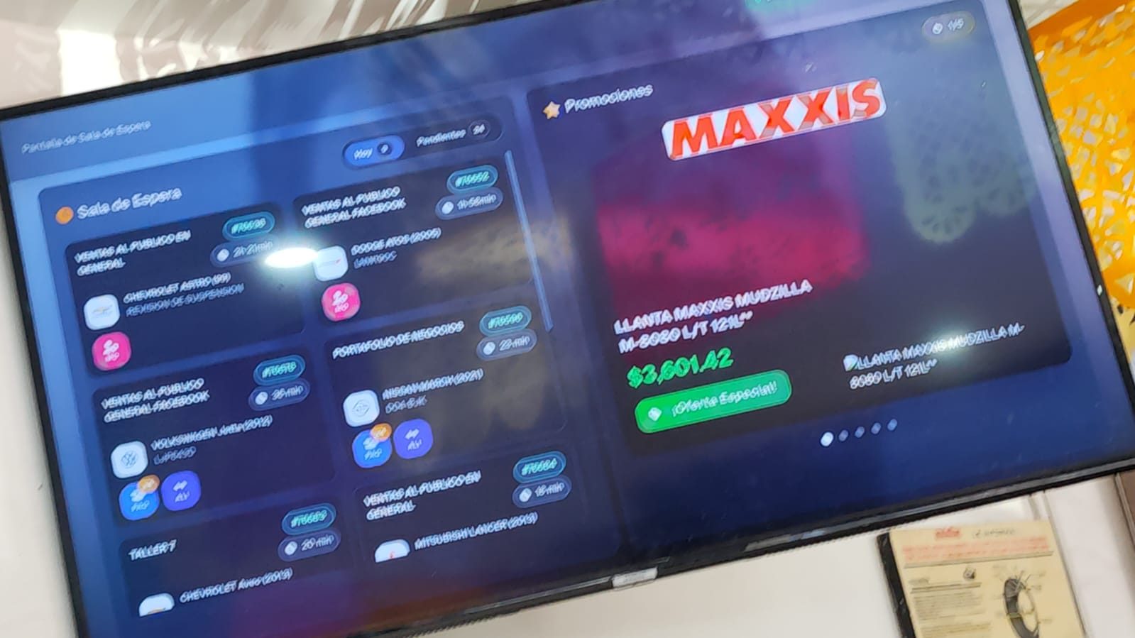 Waiting-room screen showing today's orders and promotions